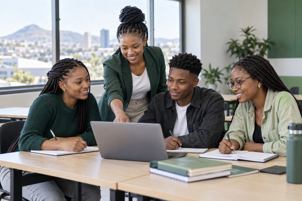 Young adults learning together with a facilitator