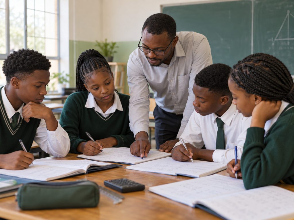 Secondary-school learners working on mathematics with a teacher