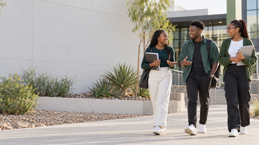 Three young adults walking outside a learning centre