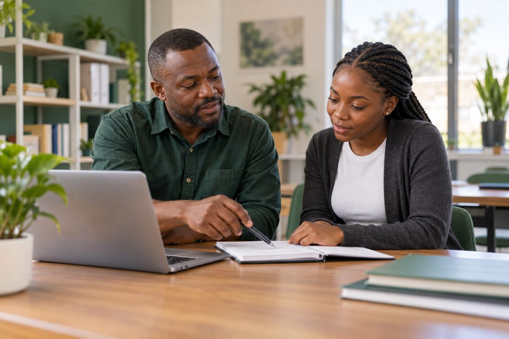 Mentor guiding an adult learner at a laptop