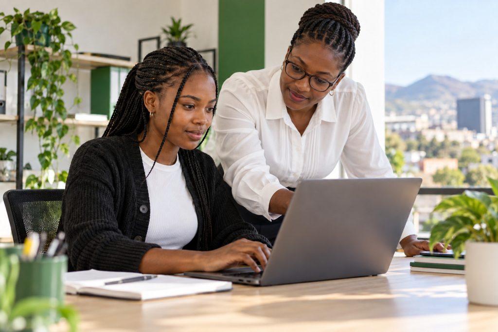 Female mentor supporting a young woman learning digital skills