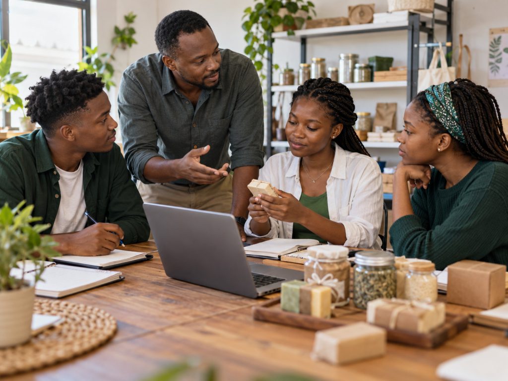 Young adults discussing product samples and a business idea