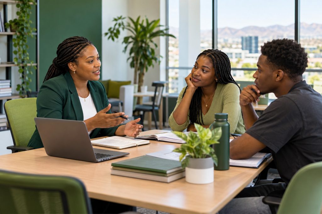 An education adviser discussing study pathways with two young adult applicants
