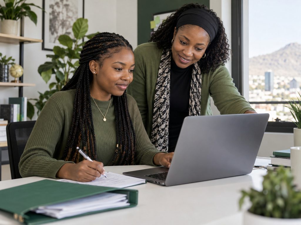 A young adult learner preparing an online application with guidance from a mentor
