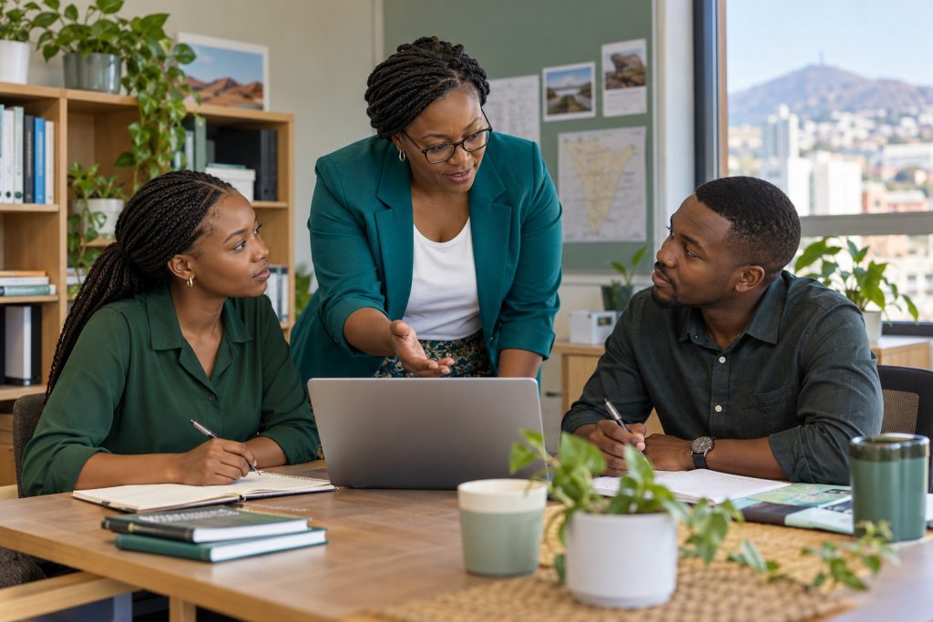 Illustrative Namibian education professionals collaborating around a laptop in a bright workspace