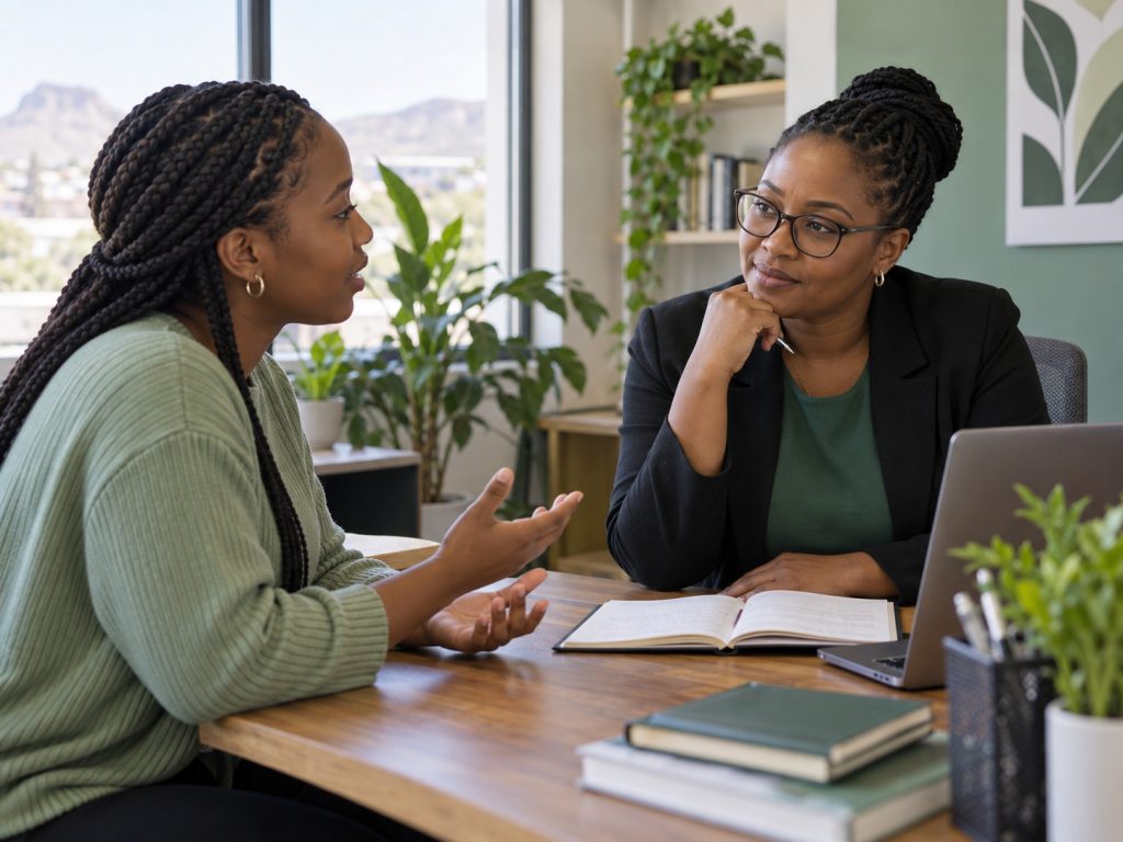 Young woman discussing career options with a career adviser