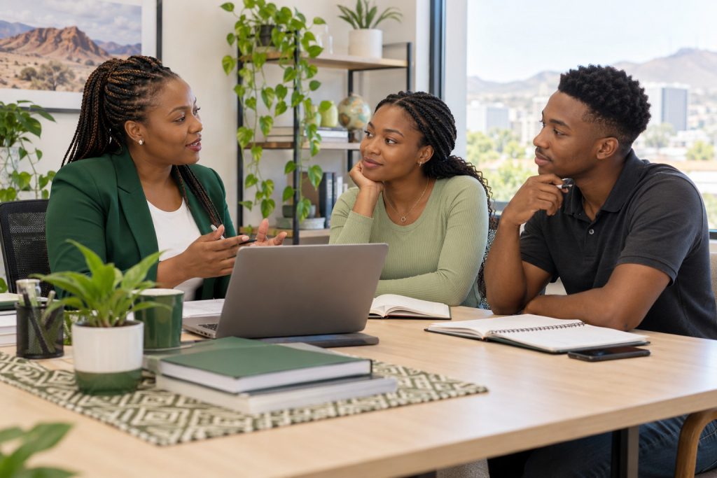 Educational consultant discussing study and career pathways with two young adults
