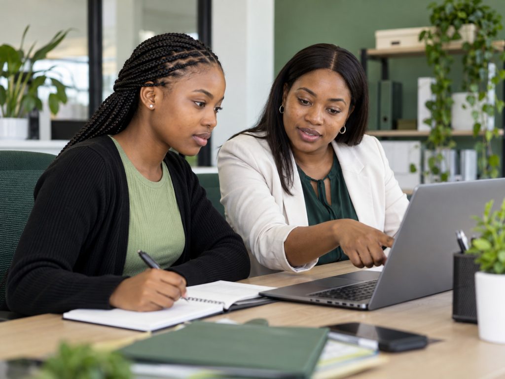 Young intern learning a workplace task with a supervisor