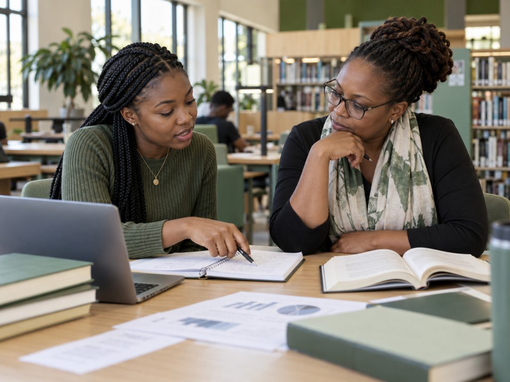 Graduate student reviewing research notes with a mentor