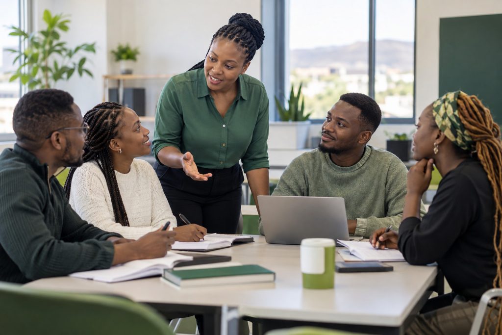 Facilitator guiding adult learners in a practical classroom