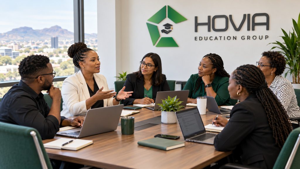 Illustrative education team planning in a boardroom with Hovia Education Group wall branding.