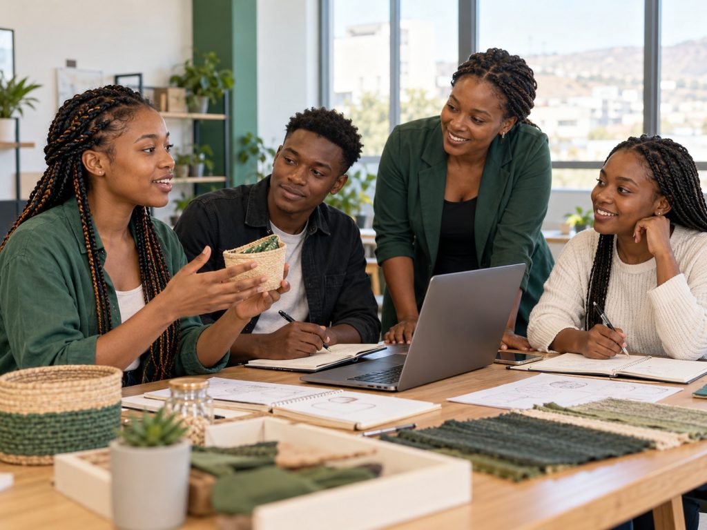 Young adults discussing a product idea with a mentor in a practical entrepreneurship workshop