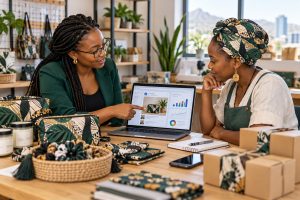 Illustrative image of a small business owner and mentor reviewing a social advertising campaign.