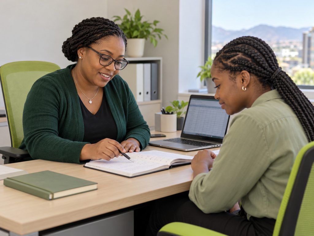 Illustrative workplace mentor reviewing a student's practical work notebook.