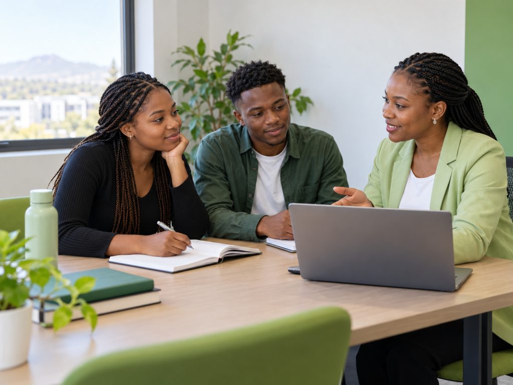 Illustrative students discussing internship requirements with an education advisor.