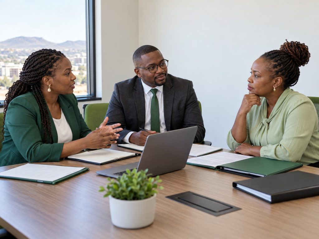 Illustrative education advisors discussing candidate skills with an employer.