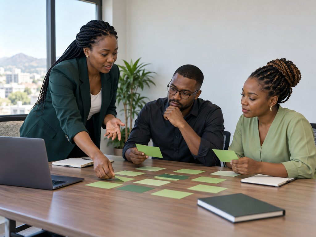 Illustrative professionals mapping project priorities with a consultant.