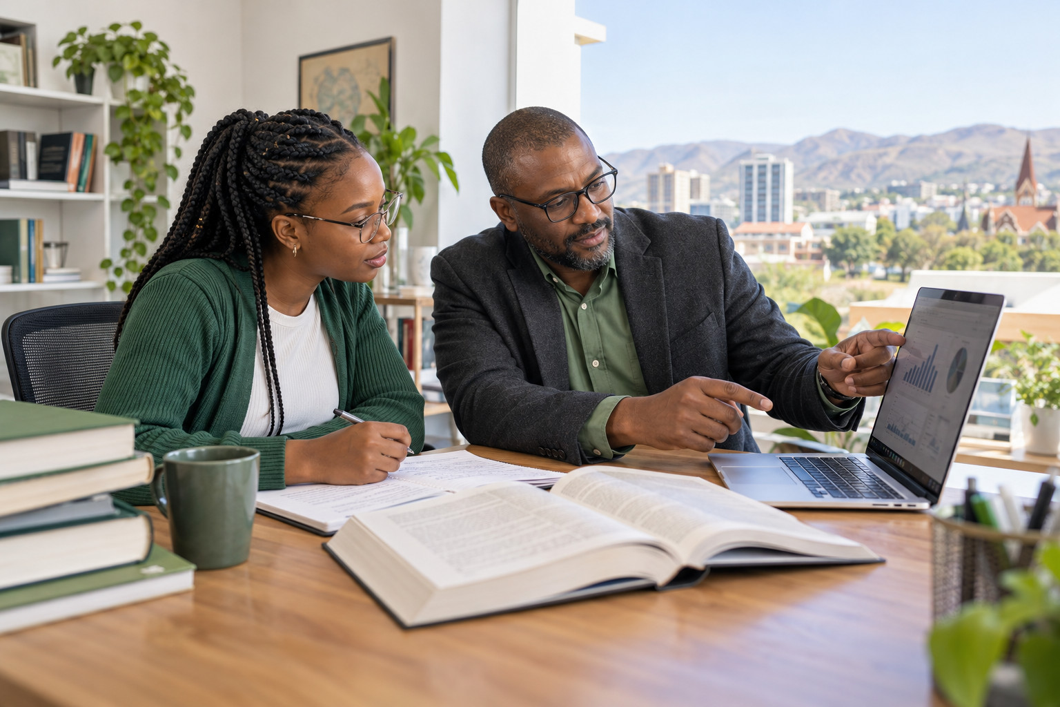 Research learner reviewing findings with an academic mentor