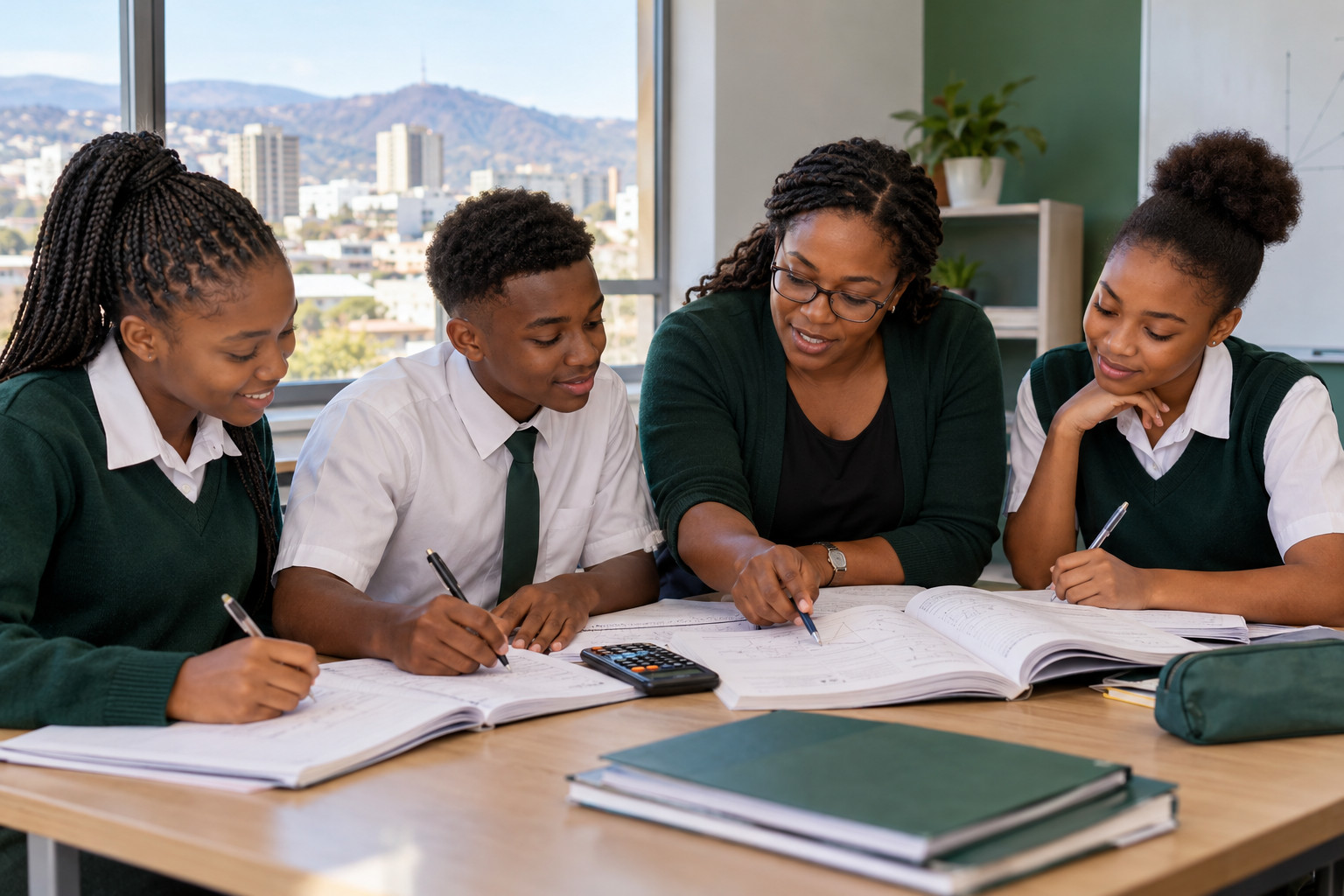 Secondary-school learners working through mathematics with a teacher