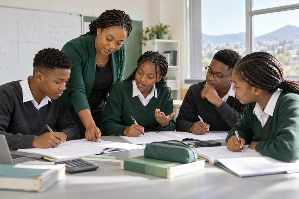 Teacher guiding secondary-school learners through a mathematics activity