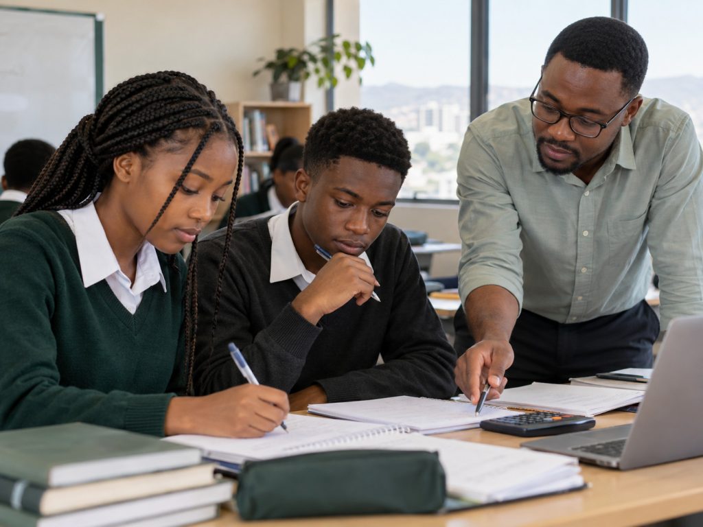 Secondary-school learners preparing for examinations with a teacher