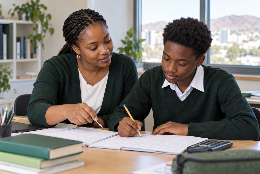 Tutor supporting a teenage learner with a mathematics exercise