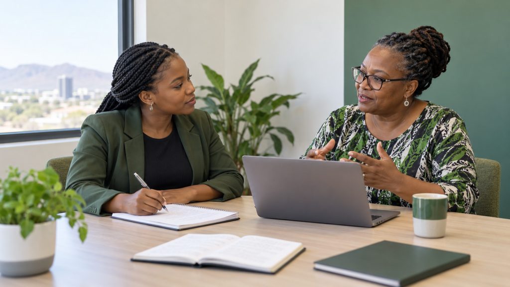 Illustrative researcher discussing her research plan with a mentor.