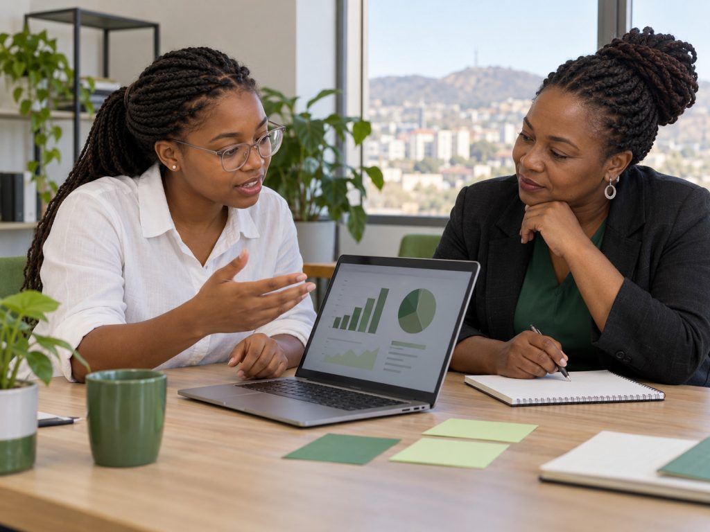 Illustrative learner discussing research methods and charts with a mentor.