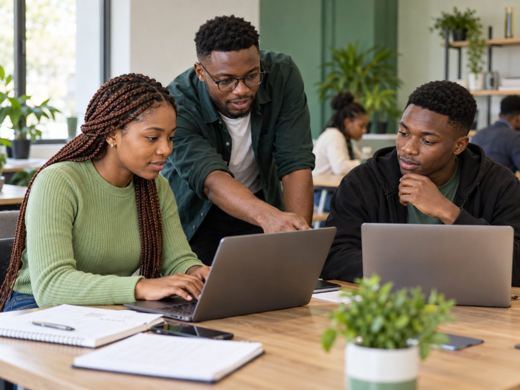 Young adults practising digital workplace skills with an instructor