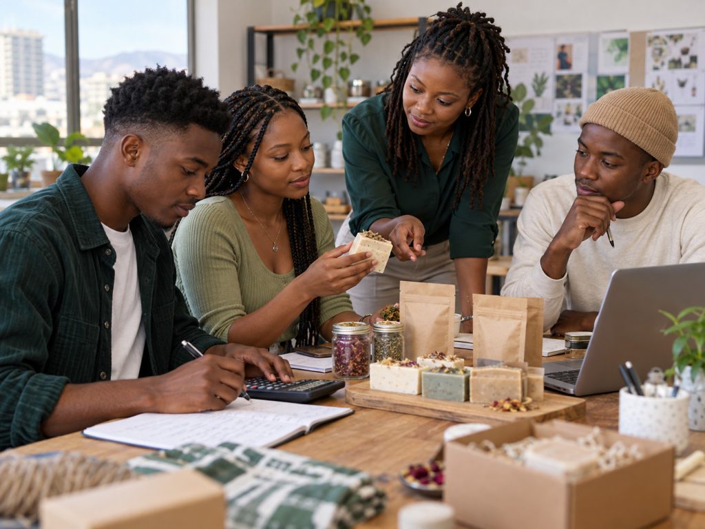 Young adults exploring product ideas and business costs with a mentor