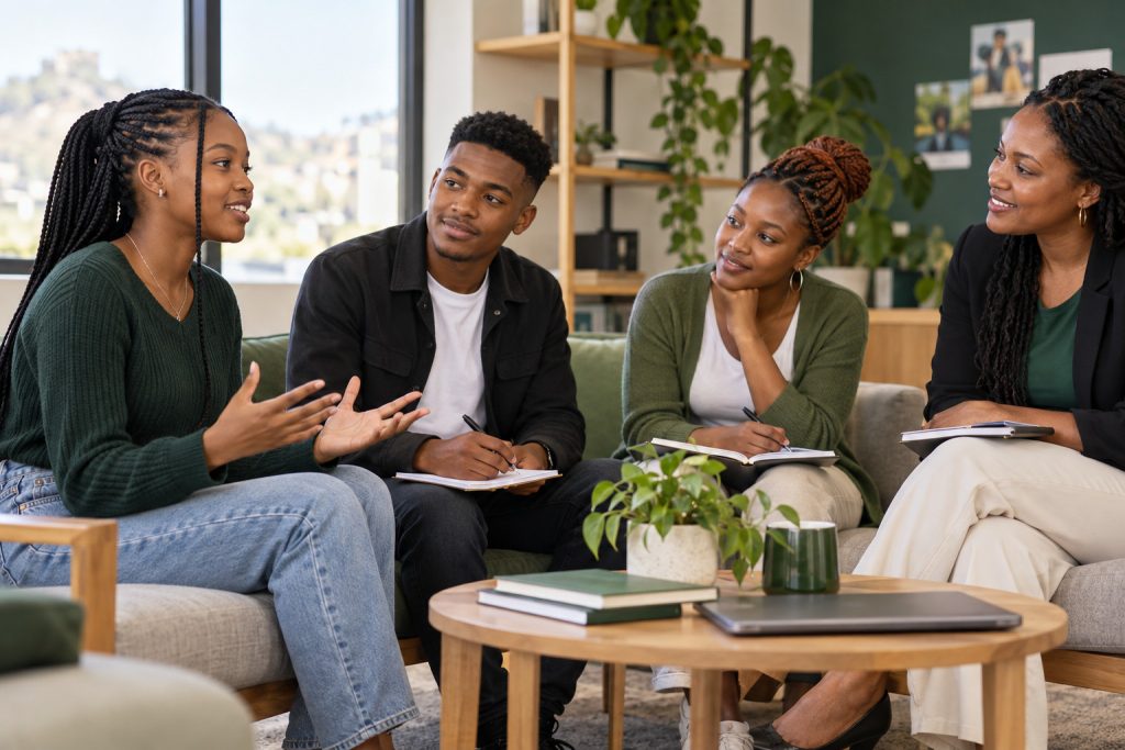 Young adults discussing personal development goals in a mentoring circle