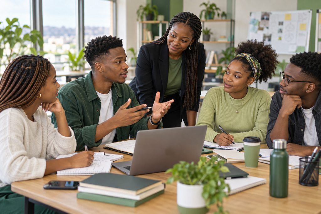 Young adults collaborating with a mentor in a youth workshop