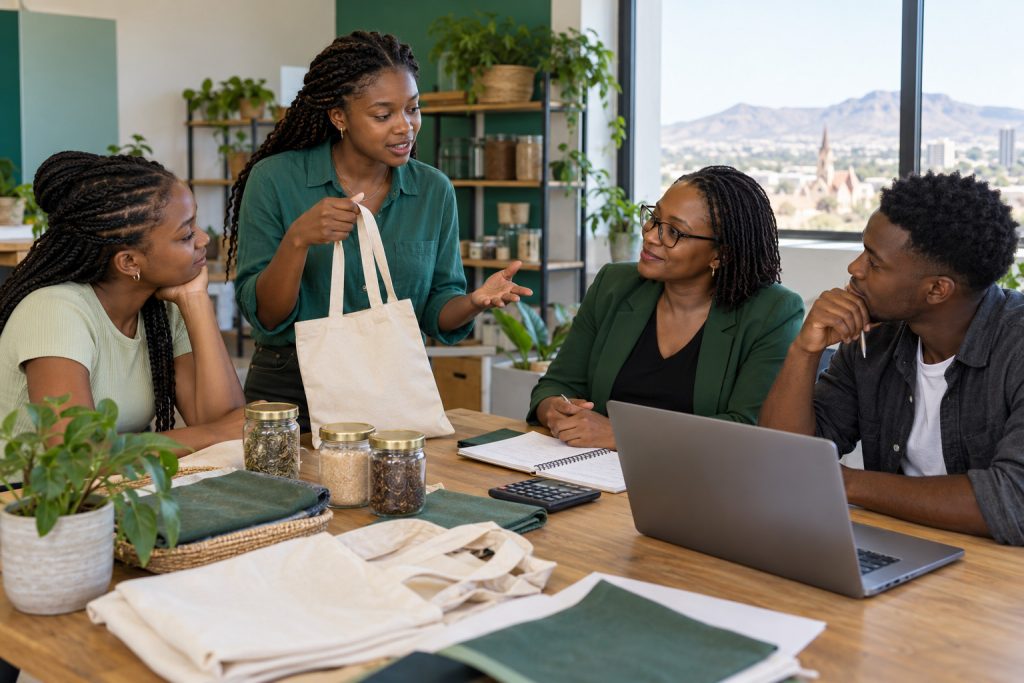 Illustrative Namibian young adults discussing product samples and a business idea with a mentor
