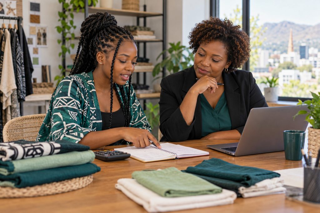 Illustrative Namibian textile entrepreneur reviewing a business plan with a mentor