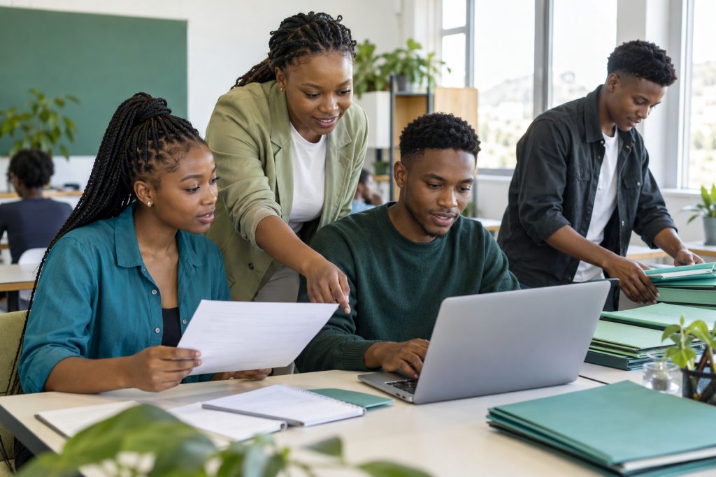 Illustrative Namibian young adults practising workplace skills with a facilitator