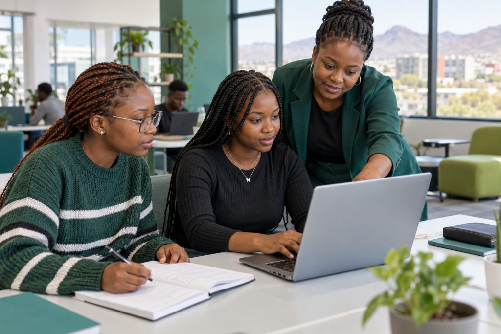 Illustrative Namibian young women learning digital skills together with a trainer