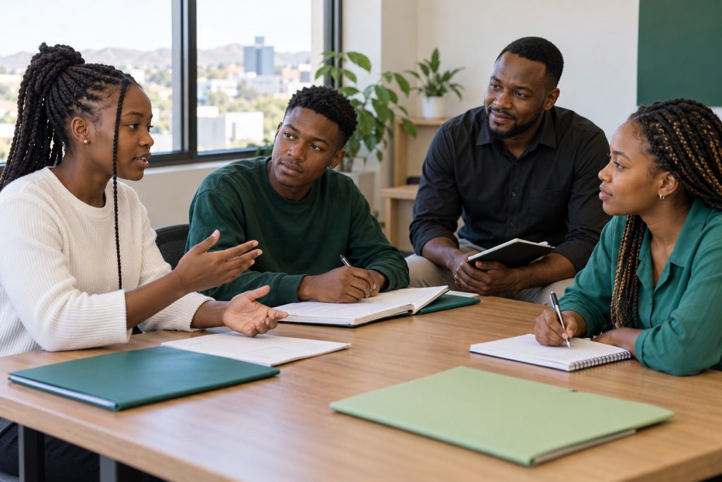 Illustrative Namibian young adults practising workplace communication with a facilitator